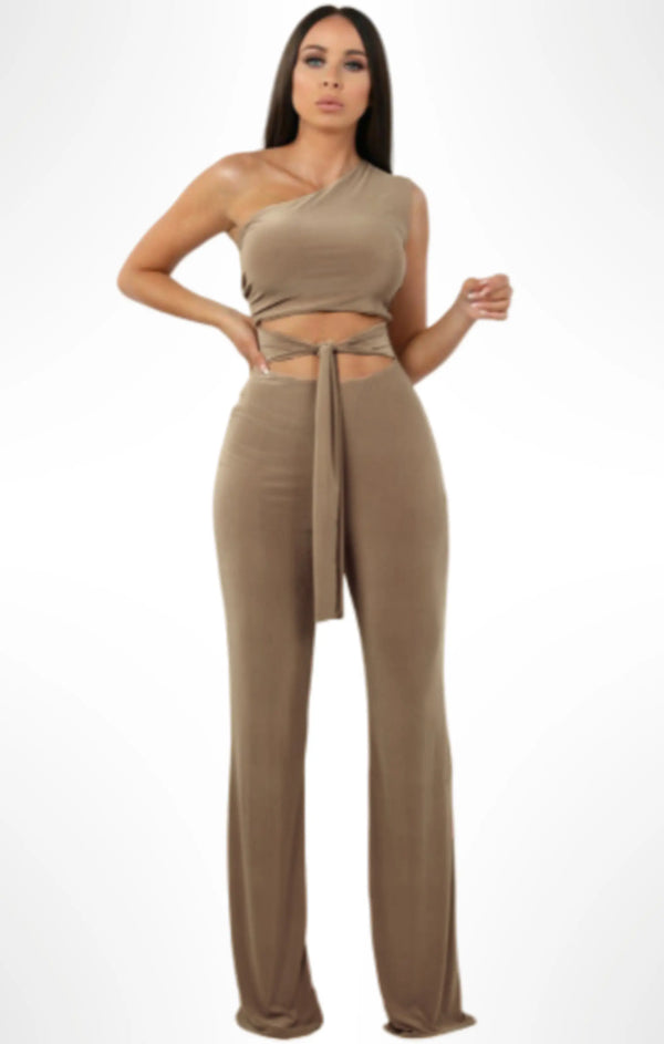 Femme Luxe Mocha Tie Front Slinky Wide Leg One Shoulder Jumpsuit - Heather