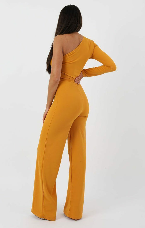 Femme Luxe Mustard Belted One Shoulder Jumpsuit - Evelyn