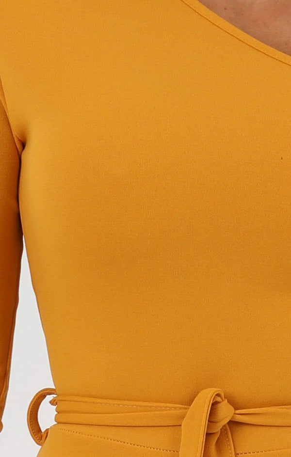 Femme Luxe Mustard Belted One Shoulder Jumpsuit - Evelyn