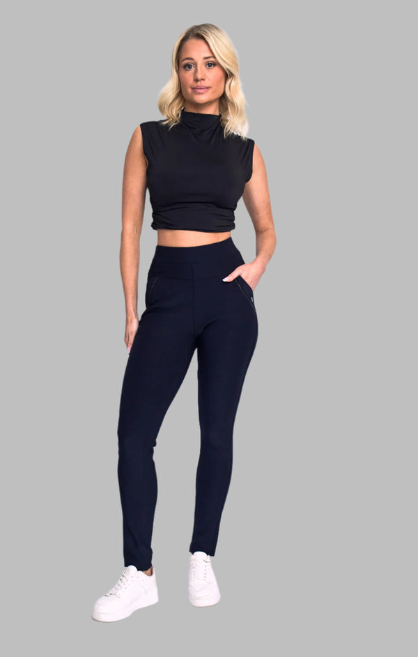 Femme Luxe Navy High Waist Double Band Pocket Leggings - Aria