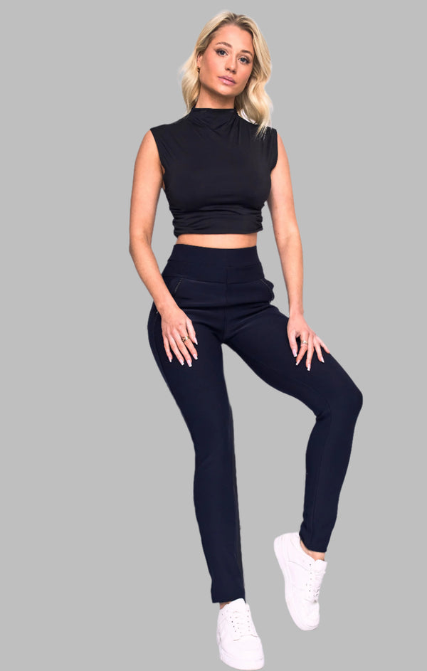 Femme Luxe Navy High Waist Double Band Pocket Leggings - Aria