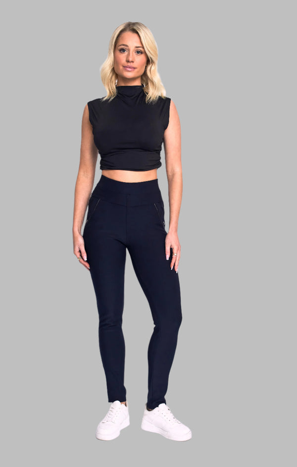 Femme Luxe Navy High Waist Double Band Pocket Leggings - Aria