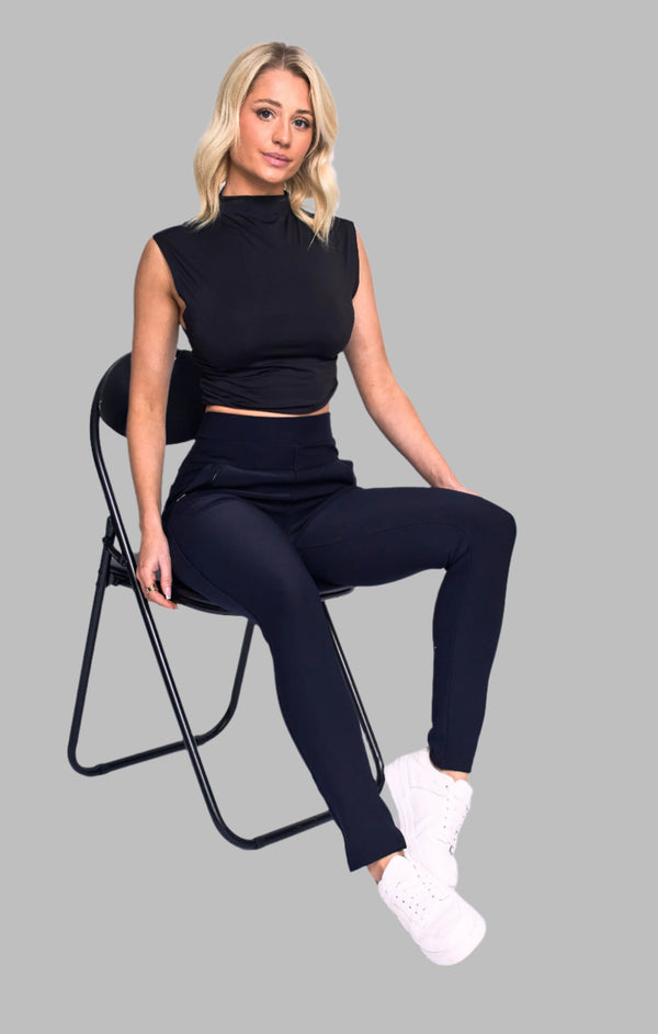 femme luxe Navy High Waist Double Band Pocket Leggings - Aria