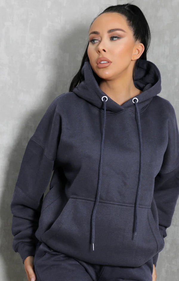 Femme Luxe Navy Oversized Drawstring Pocket Casual Hoodie - Ella