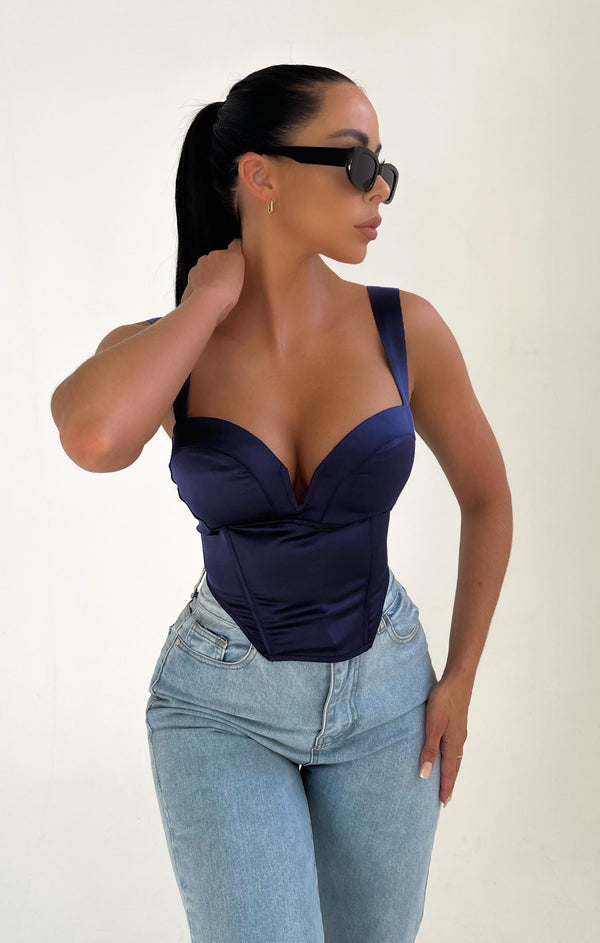 femme luxe Navy Satin Cup Detail Sweetheart Corset Top - Maci