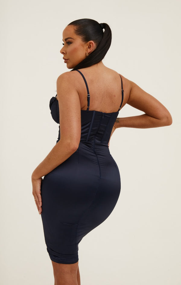 Femme Luxe Navy Satin Strappy Drape Front Corset Style Midi Dress - Saga