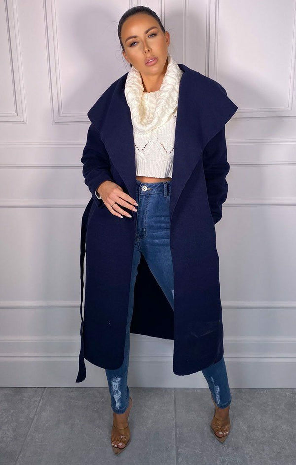 Femme Luxe Navy Waterfall Duster Belted Long Coat - Pola