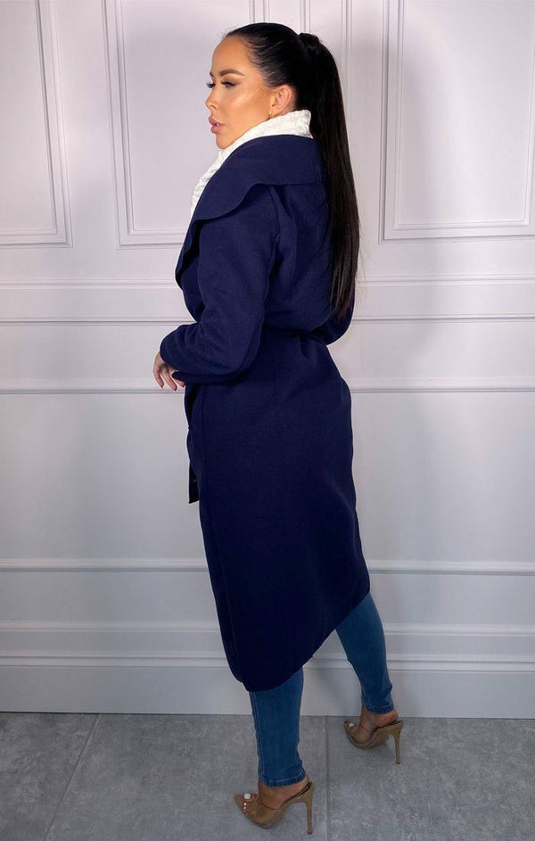 Femme Luxe Navy Waterfall Duster Belted Long Coat - Pola