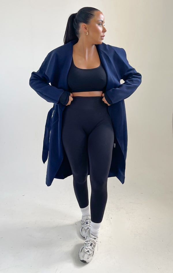 femme luxe Navy Waterfall Duster Belted Long Coat - Pola