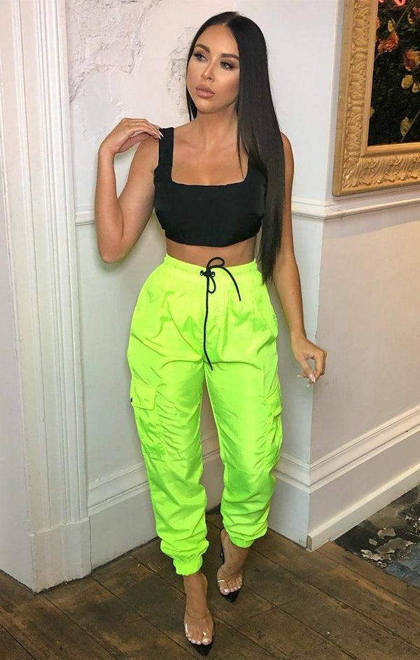 Femme Luxe Neon Lime Green Cuffed Cargo Trousers - Poppi