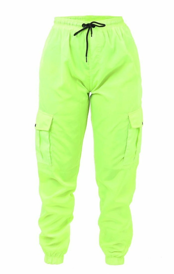 Femme Luxe Neon Lime Green Cuffed Cargo Trousers - Poppi