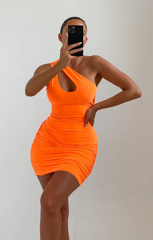 Femme Luxe Neon Orange Asymmetric Strap Cut Out Mini Dress - Mila