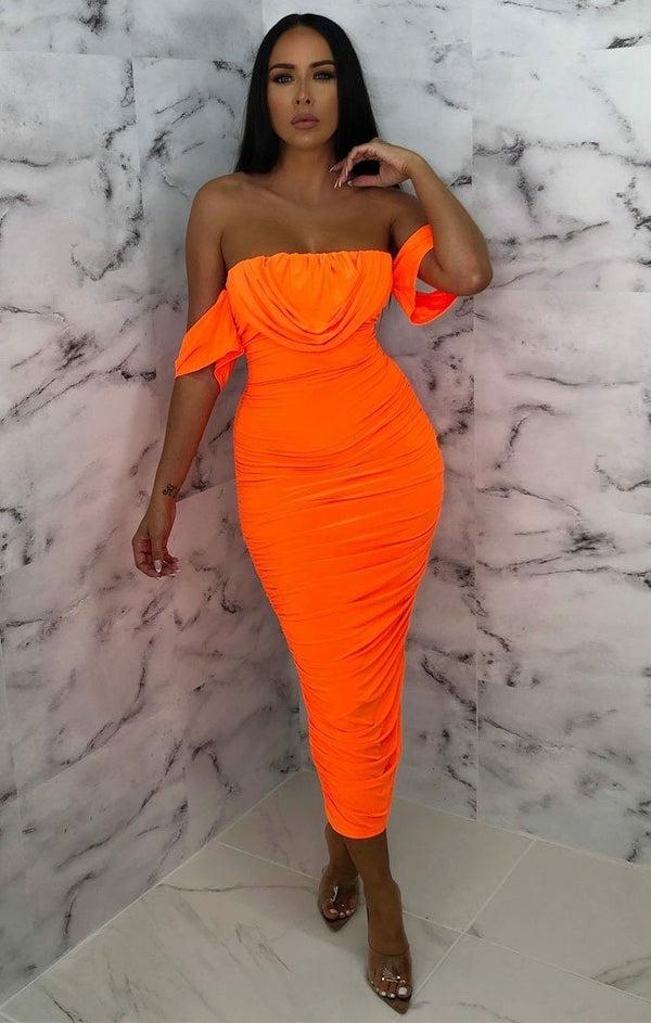 Femme Luxe Neon Orange Bardot Cowl Neck Ruched Midi Dress - Malia