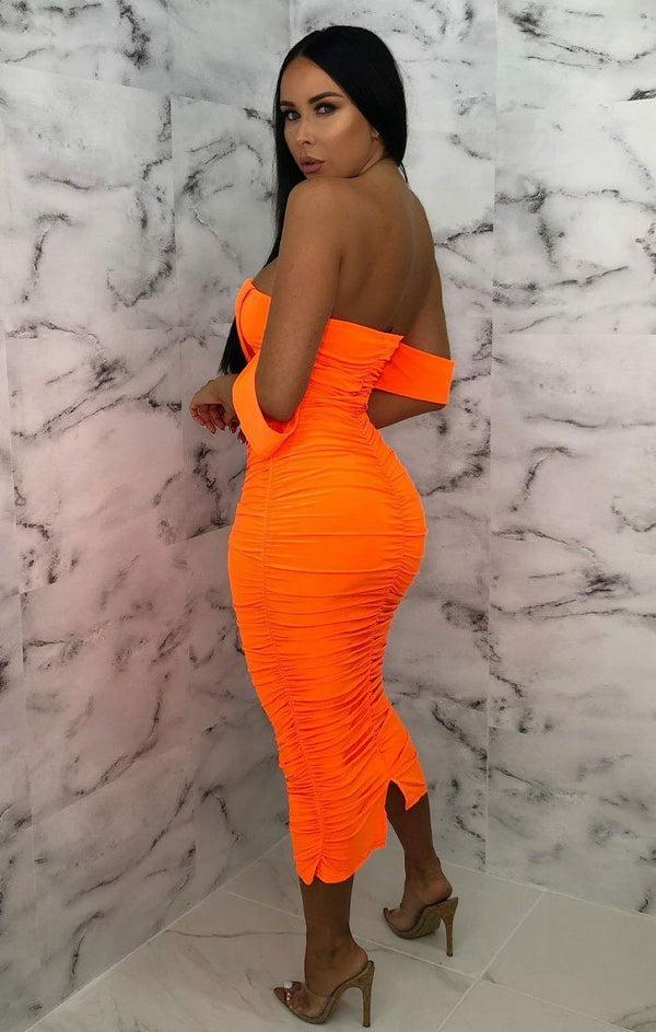 Femme Luxe Neon Orange Bardot Cowl Neck Ruched Midi Dress - Malia