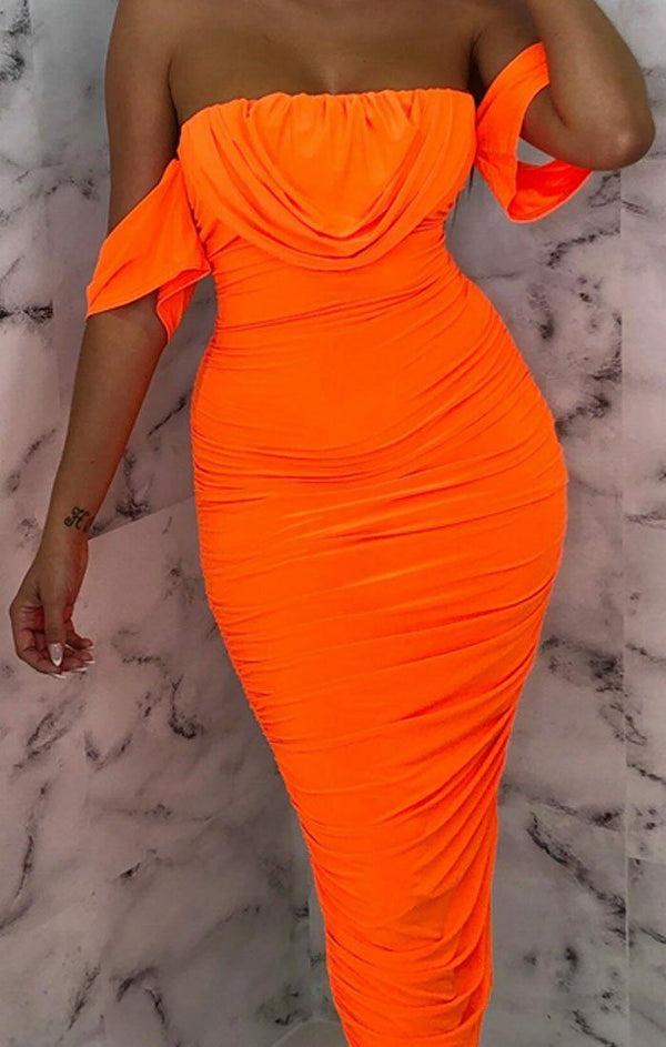 Femme Luxe Neon Orange Bardot Cowl Neck Ruched Midi Dress - Malia