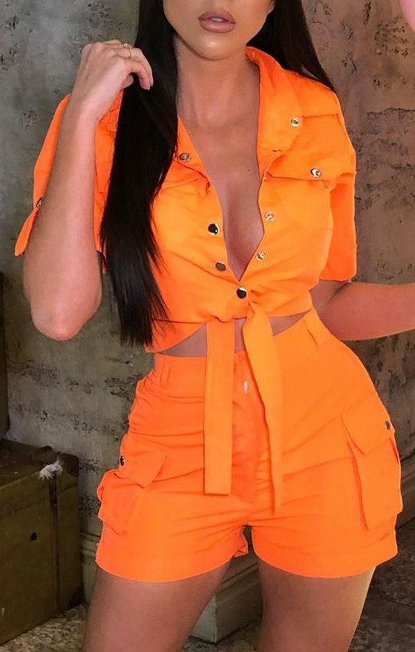 Femme Luxe Neon Orange Pop Button Shorts Co-Ord - Andrea