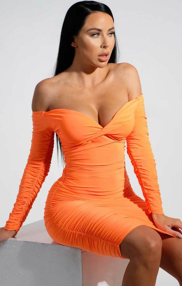 femme luxe Neon Orange Ruched Bardot Long Sleeve Bodycon Mini Dress - Mindy femme luxe Neon Orange Ruched Bardot Long Sleeve Bodycon Mini Dress - Mindy