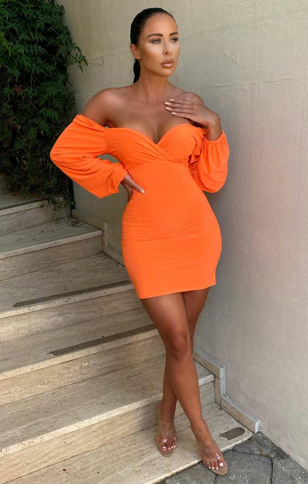 Femme Luxe Neon Orange Slinky Balloon Sleeve Bardot Mini Dress - Meghan