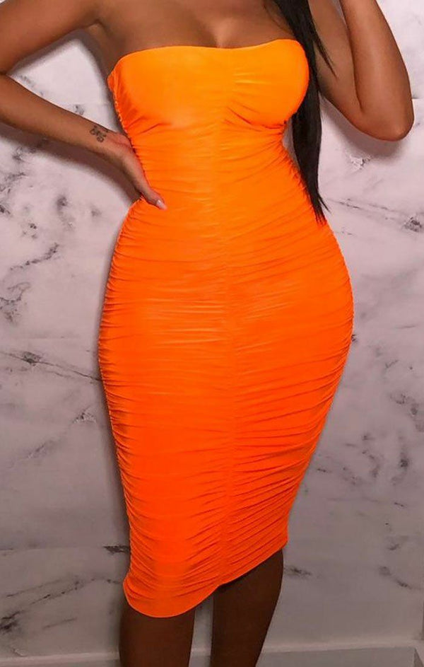 Femme Luxe Neon Orange Strapless Ruched Midi Dress - Salma