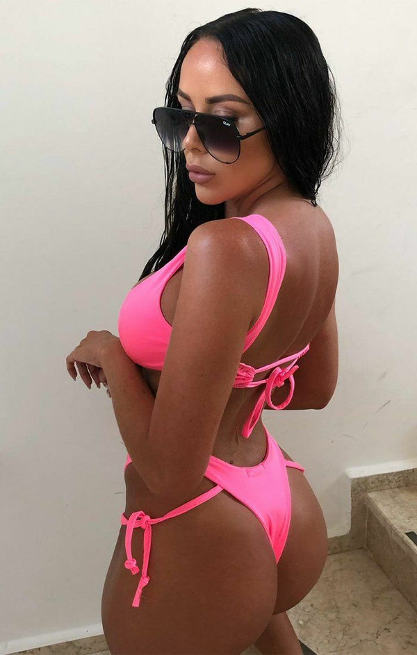 Femme Luxe Neon Pink High Waisted Tie Bikini Bottoms - Suri