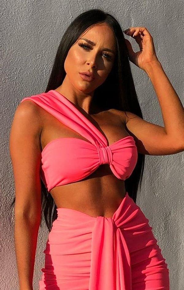 femme luxe Neon Pink One Shoulder Knot Bralette Top - Julie