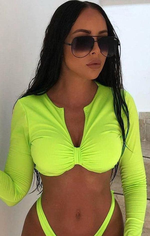 Femme Luxe Neon Yellow Long Sleeve Twisted Bikini Top - Irina