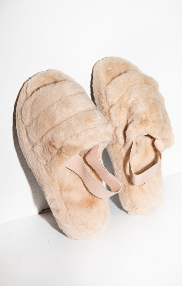 femme luxe Nude Fluffy Faux Fur Elasticated Back Flatform Slippers - Amara