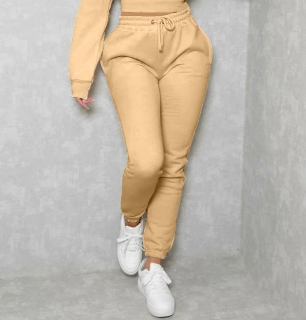 Femme Luxe Nude Long Sleeve Cropped Fleece Hoodie & Cuffed Joggers Loungewear Set - Layla