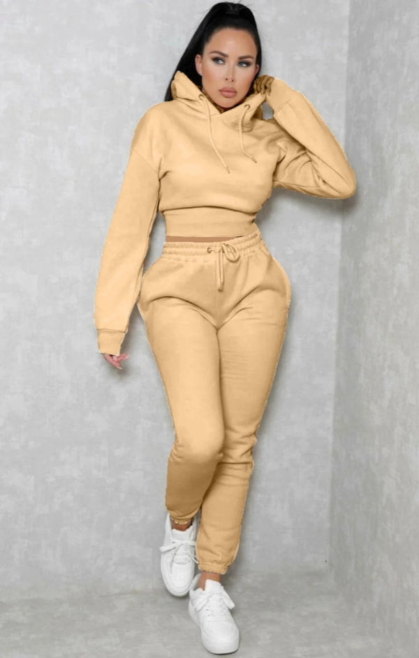 femme luxe Nude Long Sleeve Cropped Fleece Hoodie & Cuffed Joggers Loungewear Set - Layla