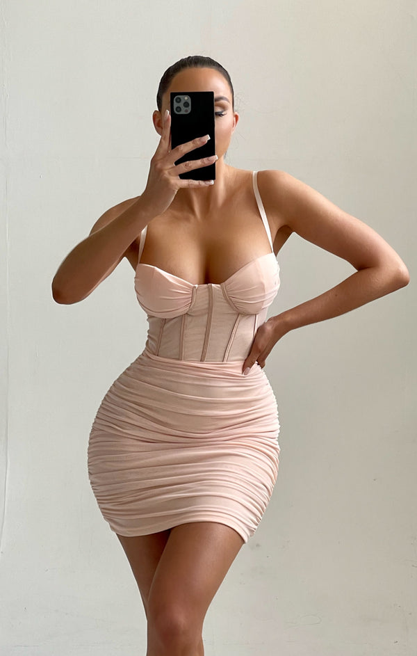 femme luxe Nude Mesh Ruched Corset Strappy Bodycon Mini Dress - Penny femme luxe Nude Mesh Ruched Corset Strappy Bodycon Mini Dress - Penny