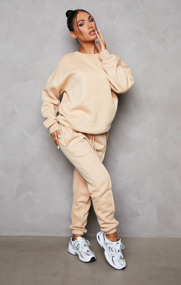 Femme Luxe Nude Oversized Sweatshirt & Front Seam Joggers Loungewear Set - Seville