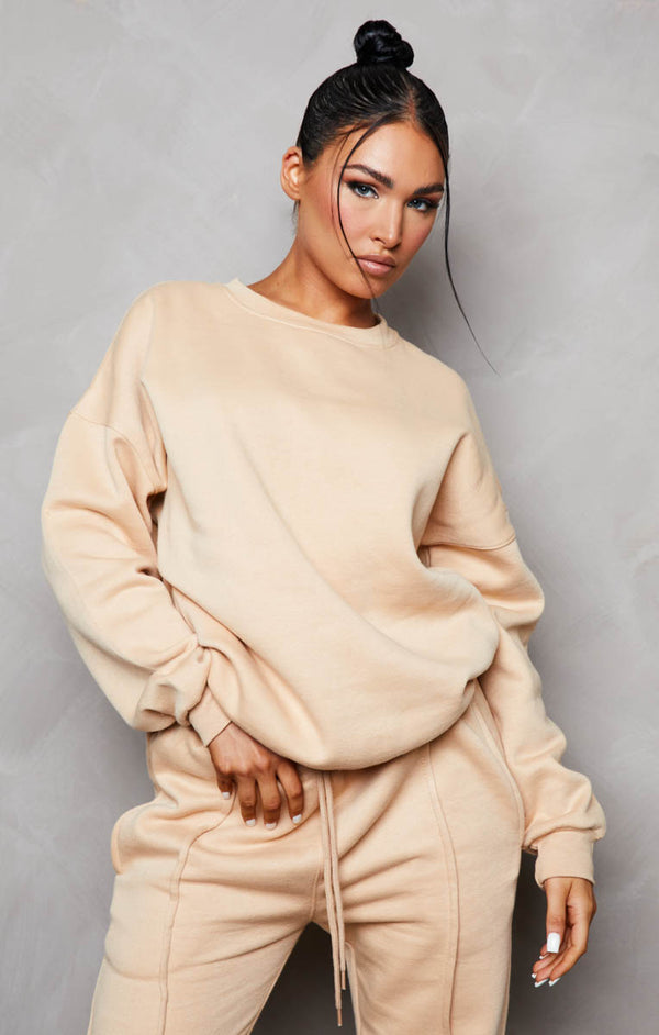 Femme Luxe Nude Oversized Sweatshirt & Front Seam Joggers Loungewear Set - Seville