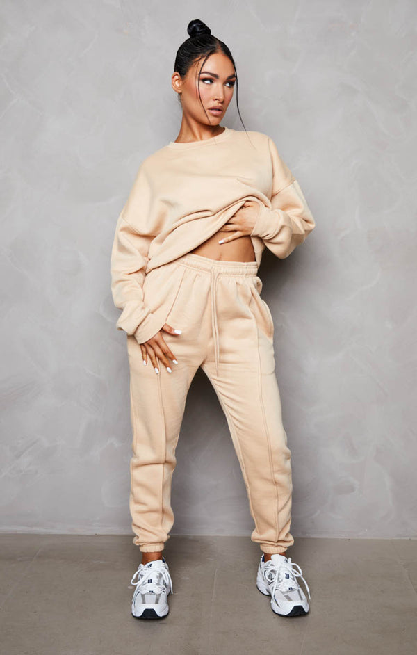 femme luxe Nude Oversized Sweatshirt & Front Seam Joggers Loungewear Set - Seville