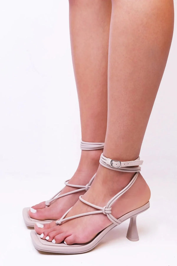 femme luxe Nude PU Faux Leather Strappy Mid High Heels Sandals - Ilah