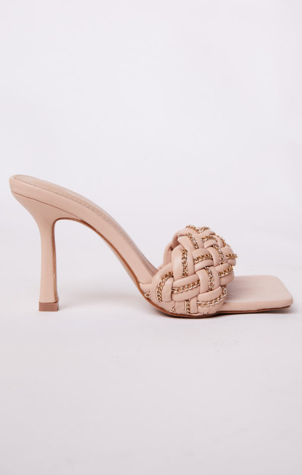 Femme Luxe Nude PU Faux Leather Woven Chain Detail Square Toe Heeled Mules - Diana