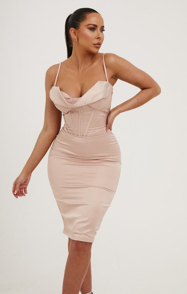 Femme Luxe Nude Satin Strappy Drape Front Corset Style Midi Dress - Saga