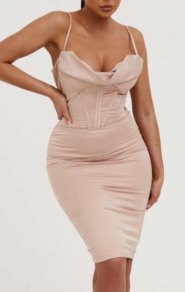 femme luxe Nude Satin Strappy Drape Front Corset Style Midi Dress - Saga femme luxe Nude Satin Strappy Drape Front Corset Style Midi Dress - Saga