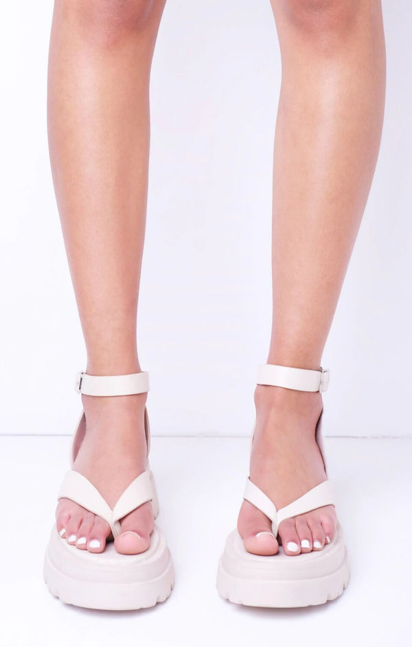 Femme Luxe Nude Toe Thong Chunky Platform Ankle Strap Sandals - Luretta