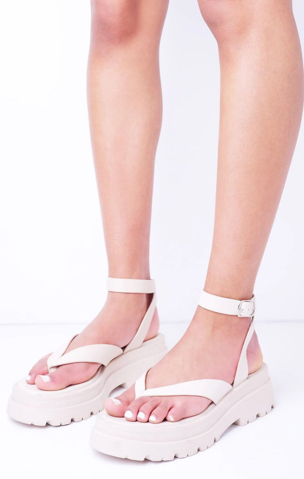 Femme Luxe Nude Toe Thong Chunky Platform Ankle Strap Sandals - Luretta