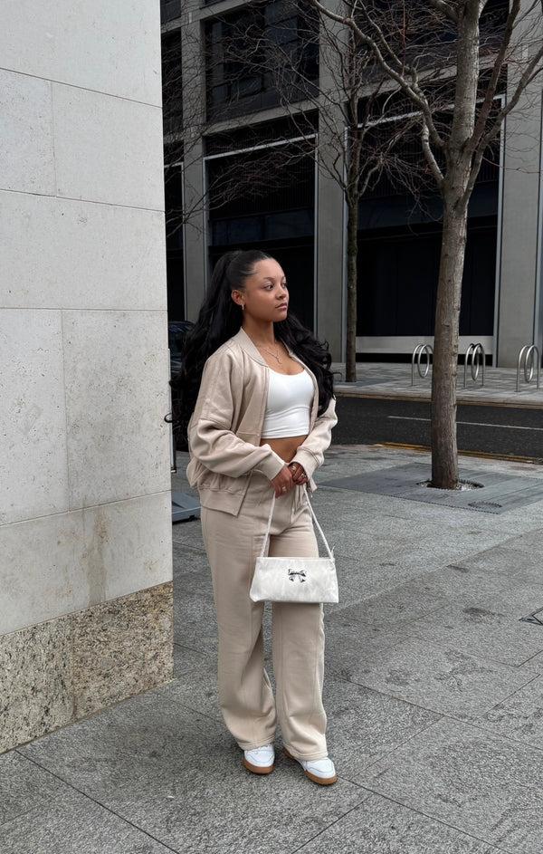 Femme Luxe Oatmeal Bomber Sweatshirt With Straight Leg Jogger-Diana