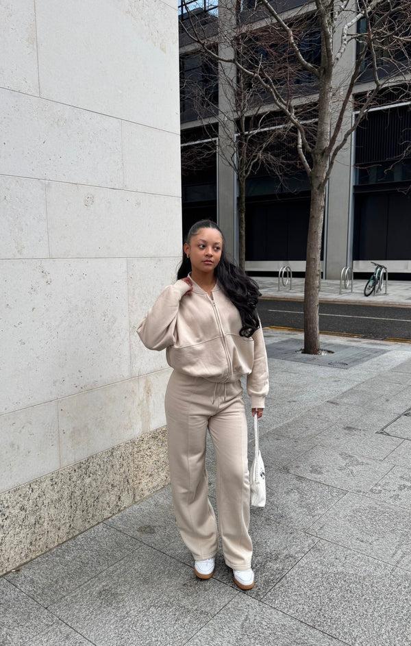 Femme Luxe Oatmeal Bomber Sweatshirt With Straight Leg Jogger-Diana