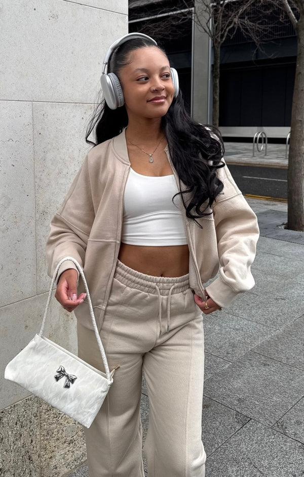 femme luxe Oatmeal Bomber Sweatshirt With Straight Leg Jogger-Diana