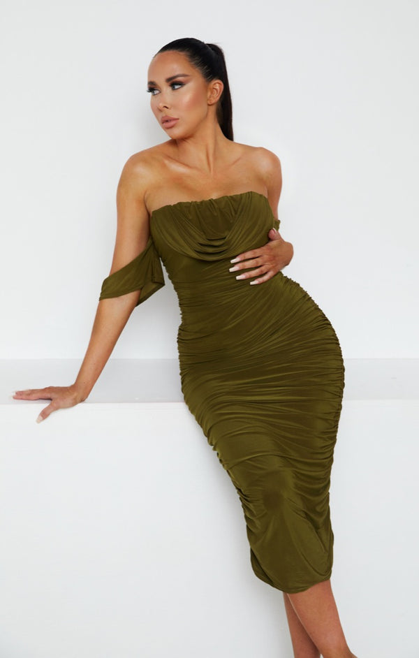 Femme Luxe Olive Green Bardot Cowl Neck Ruched Midi Dress - Malia