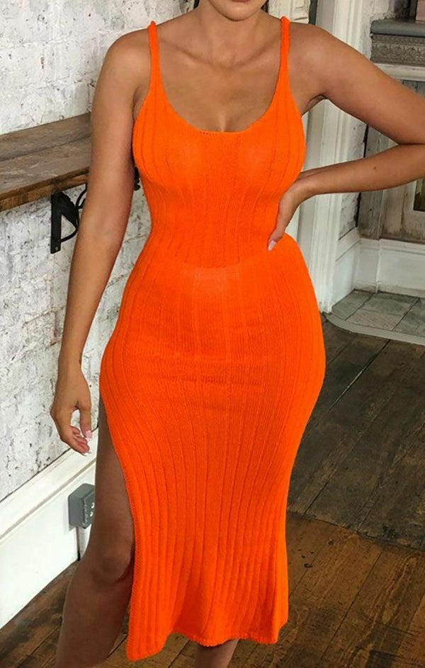 Femme Luxe Orange Cami Knitted Side Split Maxi Dress - Thea
