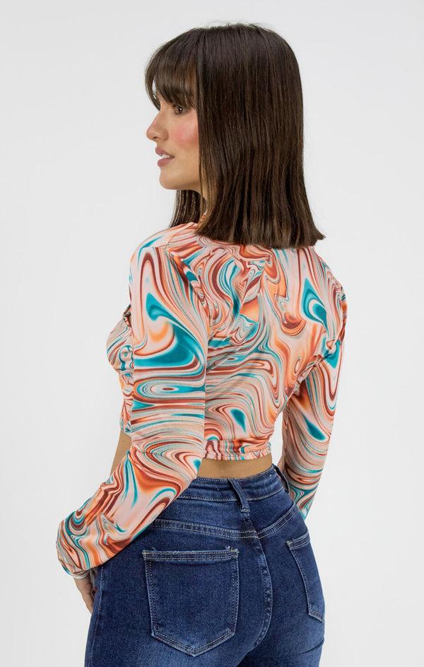 Femme Luxe Orange Marble Print Slinky Cross Wrap Halter Crop Top - Donelia