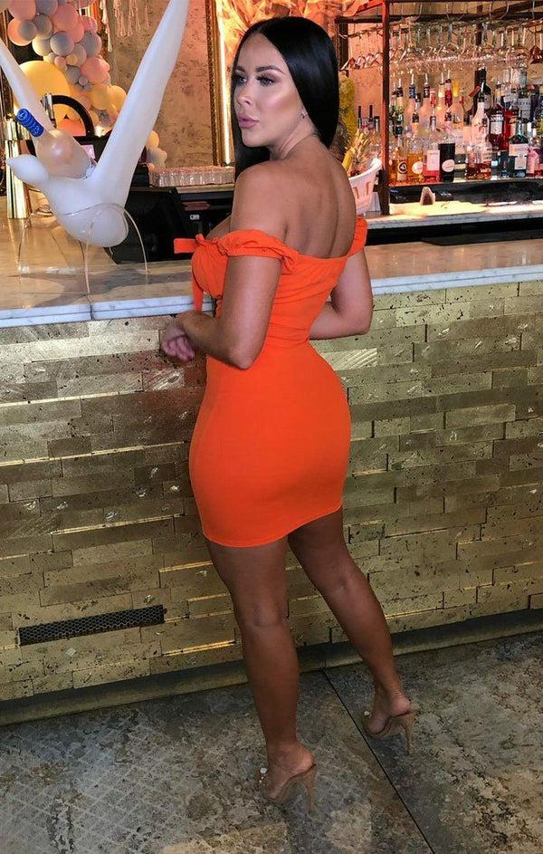 Femme Luxe Orange Milkmaid Bardot Bodycon Mini Dress - Jett