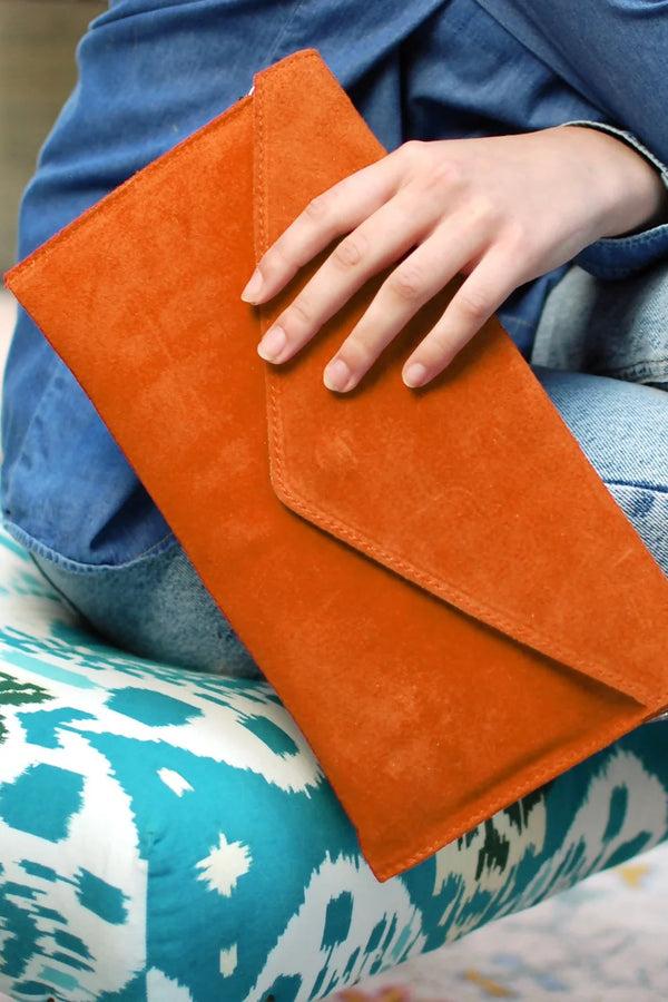 Femme Luxe Orange Suede Envelope Luxe Clutch Bag - Laura