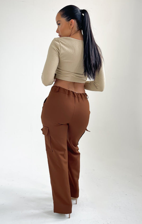 Femme Luxe Pale Chocolate Straight Leg Side Pocket Cargo Trousers - Demi