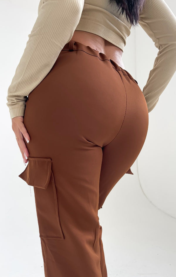 Femme Luxe Pale Chocolate Straight Leg Side Pocket Cargo Trousers - Demi