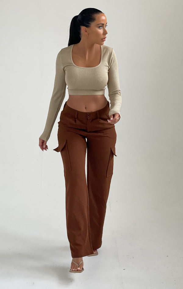 femme luxe Pale Chocolate Straight Leg Side Pocket Cargo Trousers - Demi